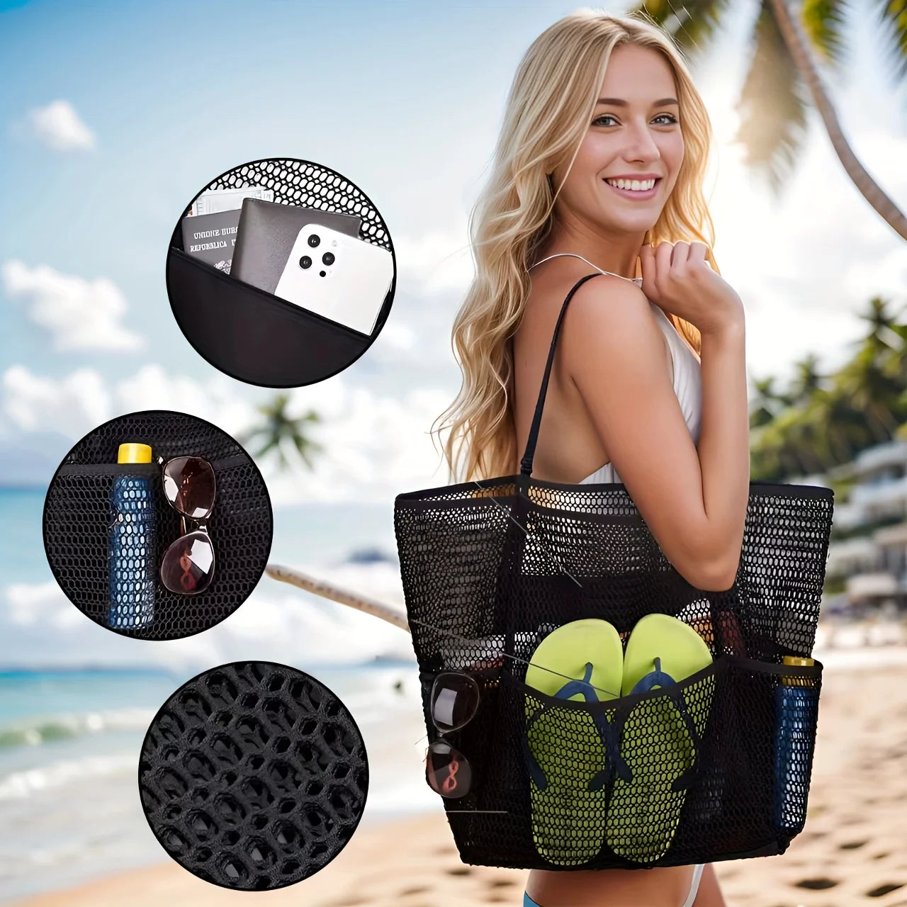 Women's Large Capacity Beach Tote Bag - Durable Polyester Woven Shoulder Bag with Open Top for Travel, Shopping