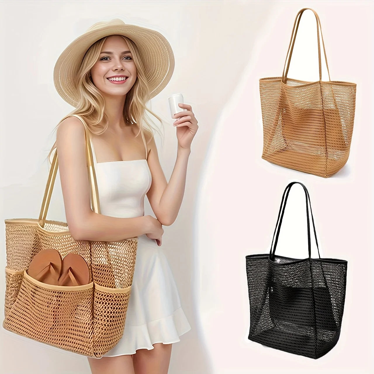 Women's Large Capacity Beach Tote Bag - Durable Polyester Woven Shoulder Bag with Open Top for Travel, Shopping