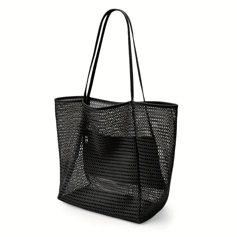 Women's Large Capacity Beach Tote Bag - Durable Polyester Woven Shoulder Bag with Open Top for Travel, Shopping