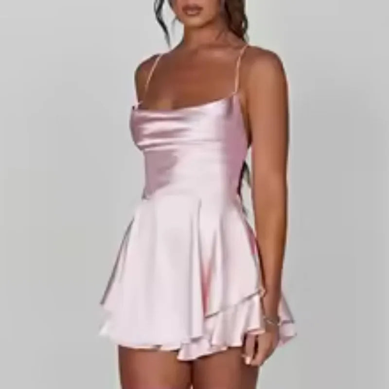 2026 Summer Sexy Cami Satin Women Dress Cross Tie-Up Backless Solid Cowl Neck Sleeveless Short Dresses